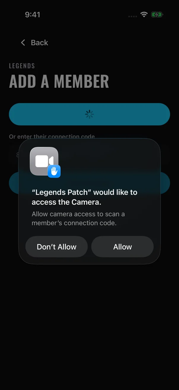 On iPhone, the prompt says the camera is for scanning a member's connection code.