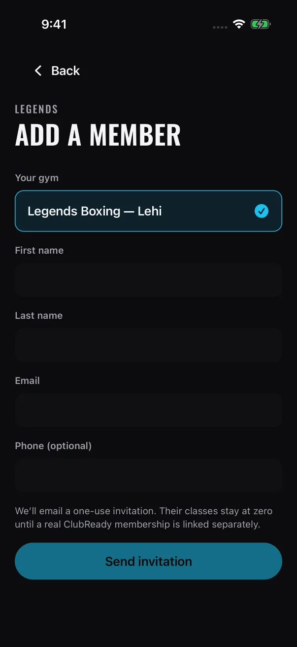 Your gym is ticked at the top. The note above the button says this invitation doesn't link ClubReady.