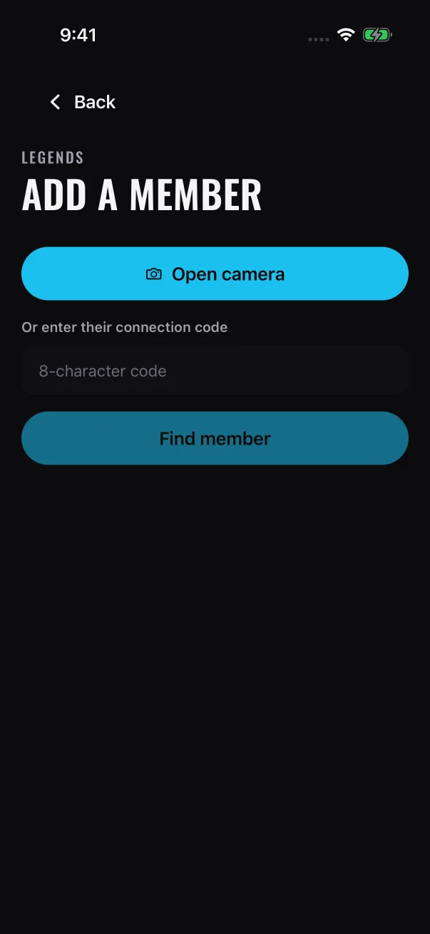 Open the camera to scan, or type the code in the box and tap Find member.