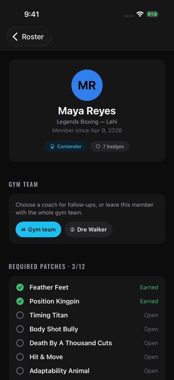The highlighted chip in "Gym team" shows who follows up with this member.