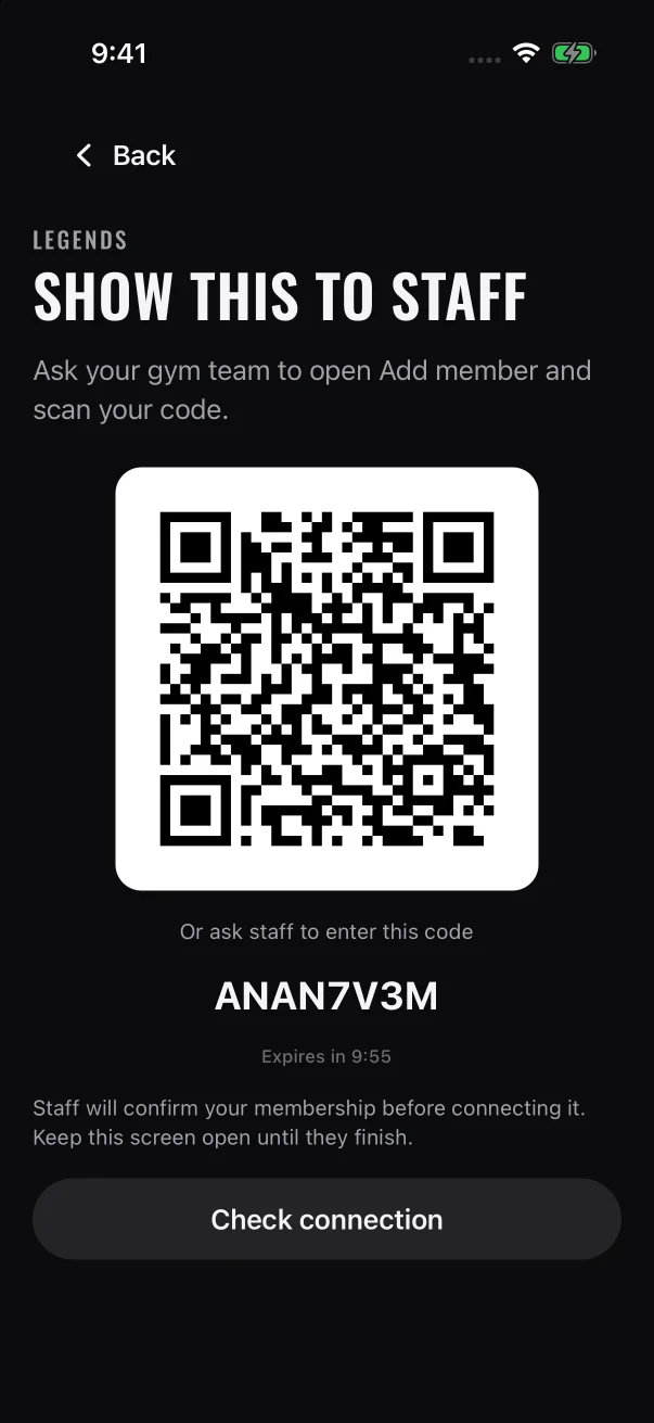 The member's screen. Scan the QR code, or type the 8-character code under it.