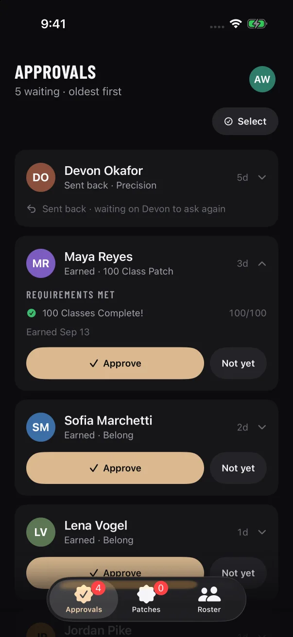 An open "Earned" card lists every requirement the member met, above Approve and Not yet.