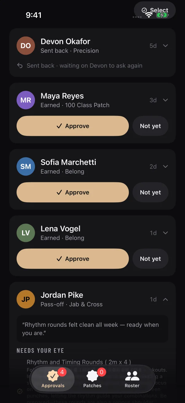 A sign-off request shows the member's note and, under "Needs your eye", every skill your approval covers.