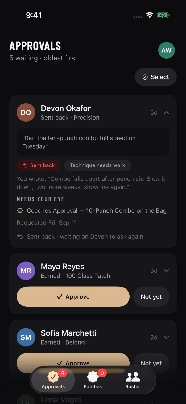 A sign-off request that was sent back shows the reasons and the coach's note, and has no buttons.