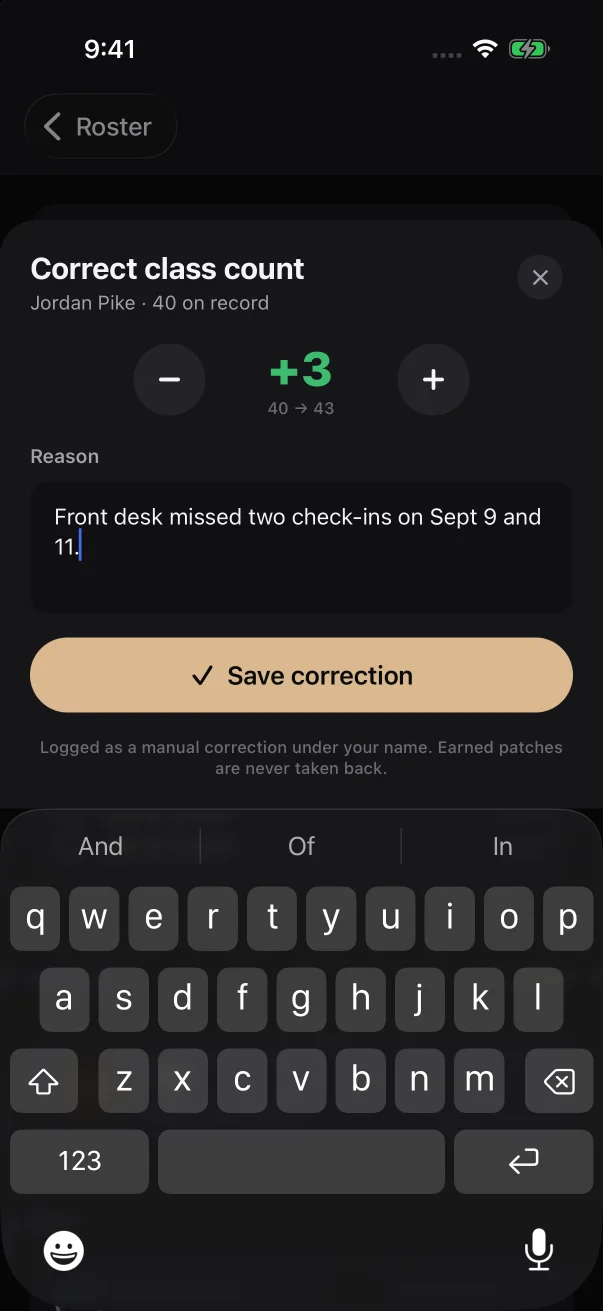 The sheet shows the change, the new total and your reason before you save.