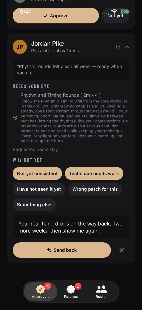 With two reasons picked and a note written, the button reads Send back.