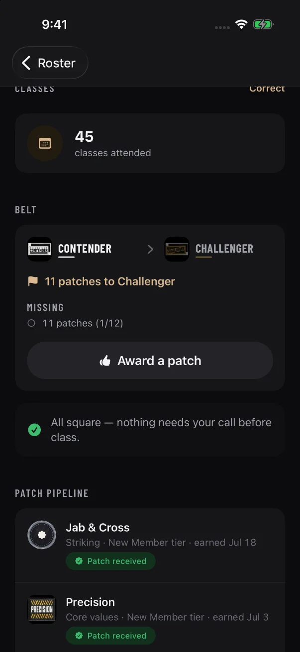 When nothing is waiting, the "All square" card sits under the Belt panel.