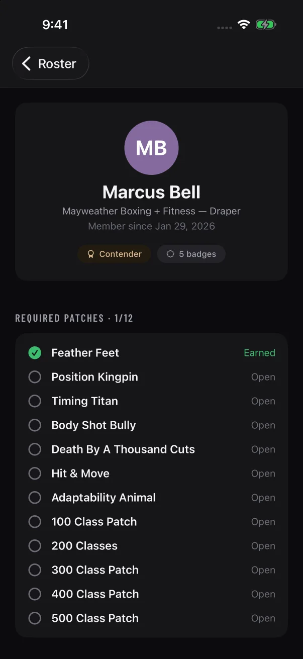 A member's page opens with the same belt and badge count as their roster card, and a back button at the top left.