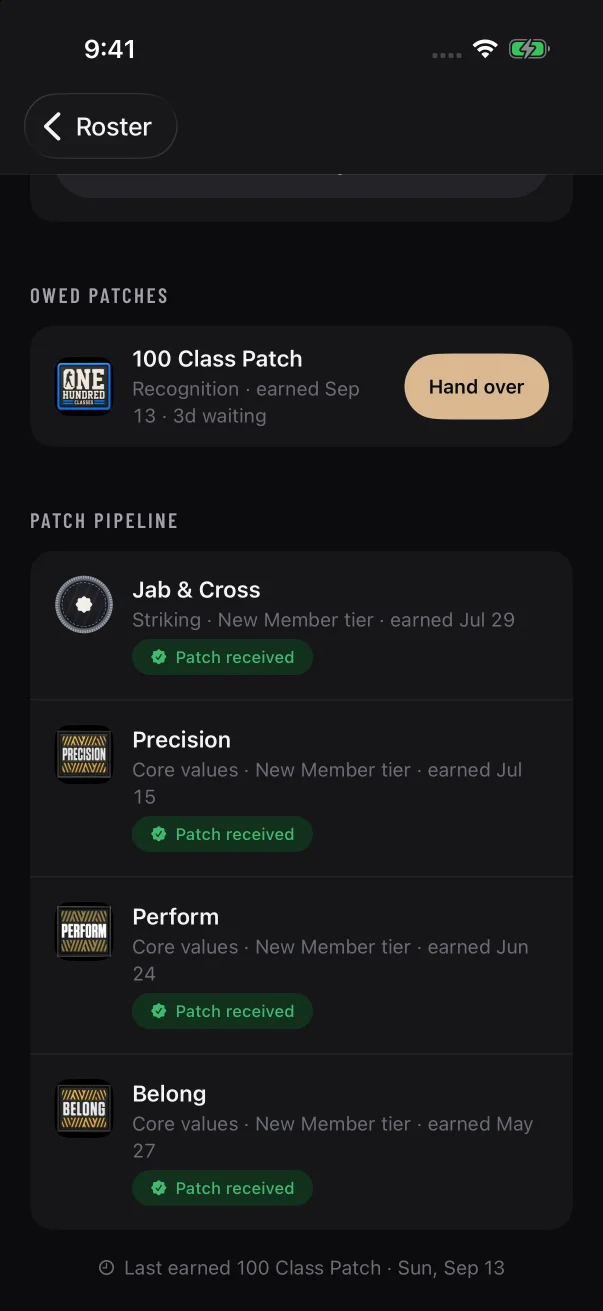 On a member's page, each patch under "Owed patches" has its own Hand over button.
