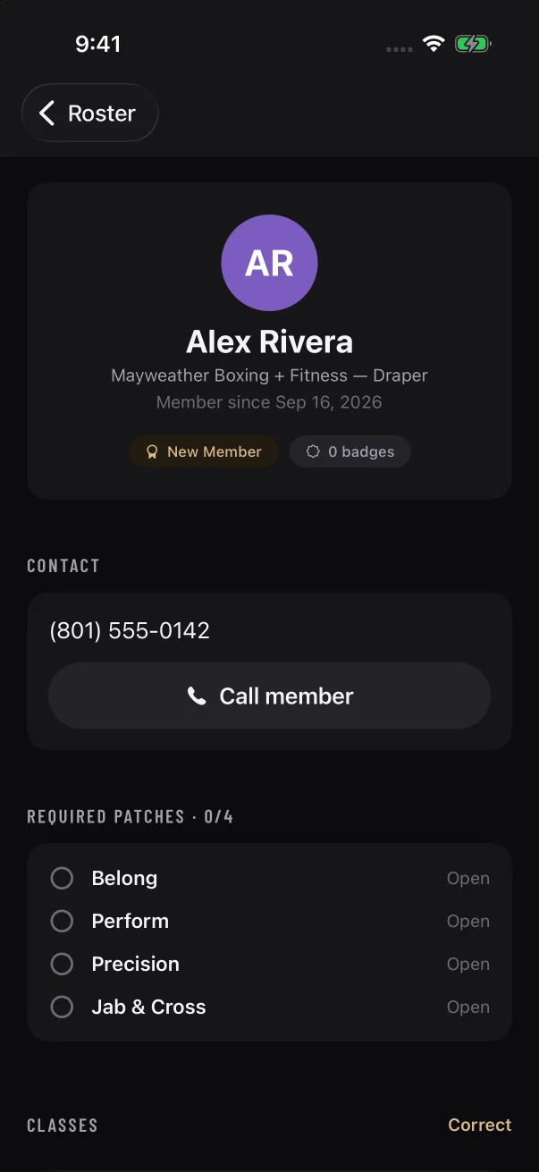 When a phone number is on file, "Contact" shows it with a Call member button.