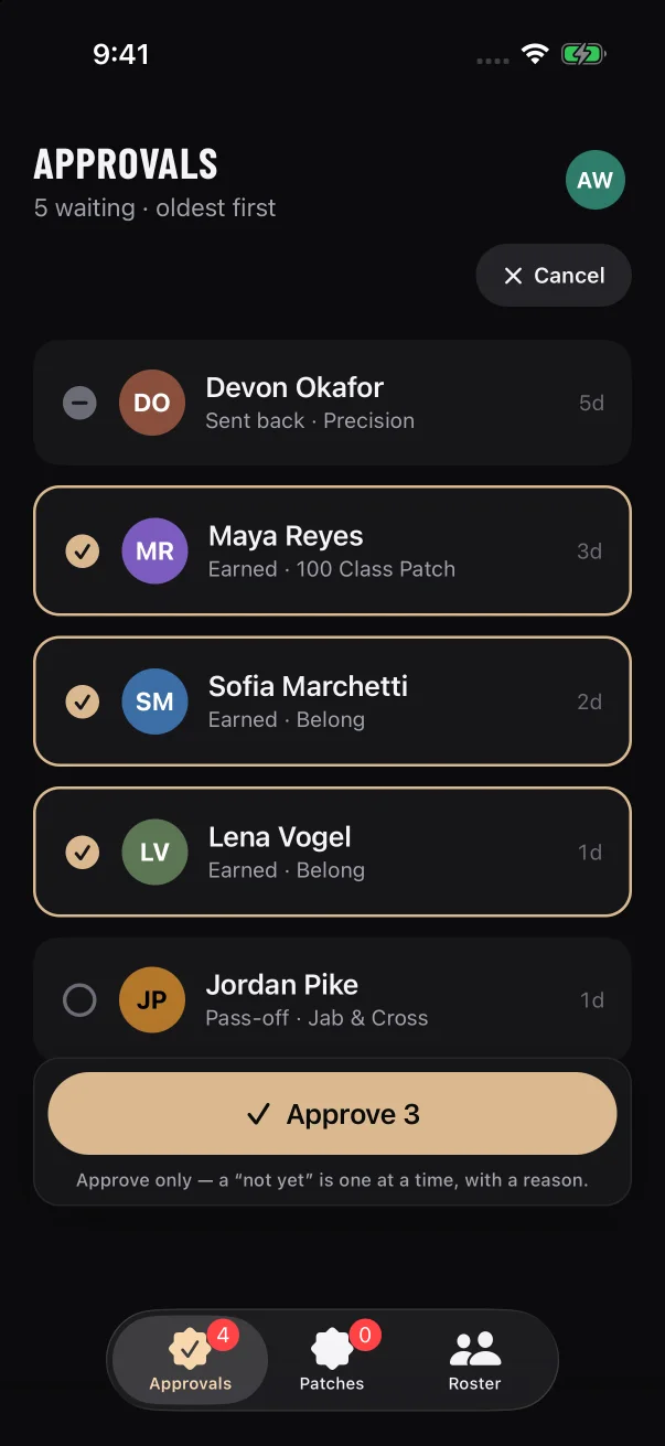 In Select mode each card is a tick box: ticked, empty, or grayed out when it was sent back and can't be approved.