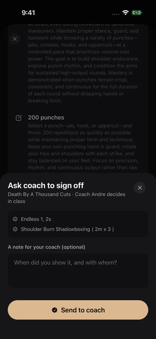The sheet lists every coach-checked requirement the request covers, above an optional note.