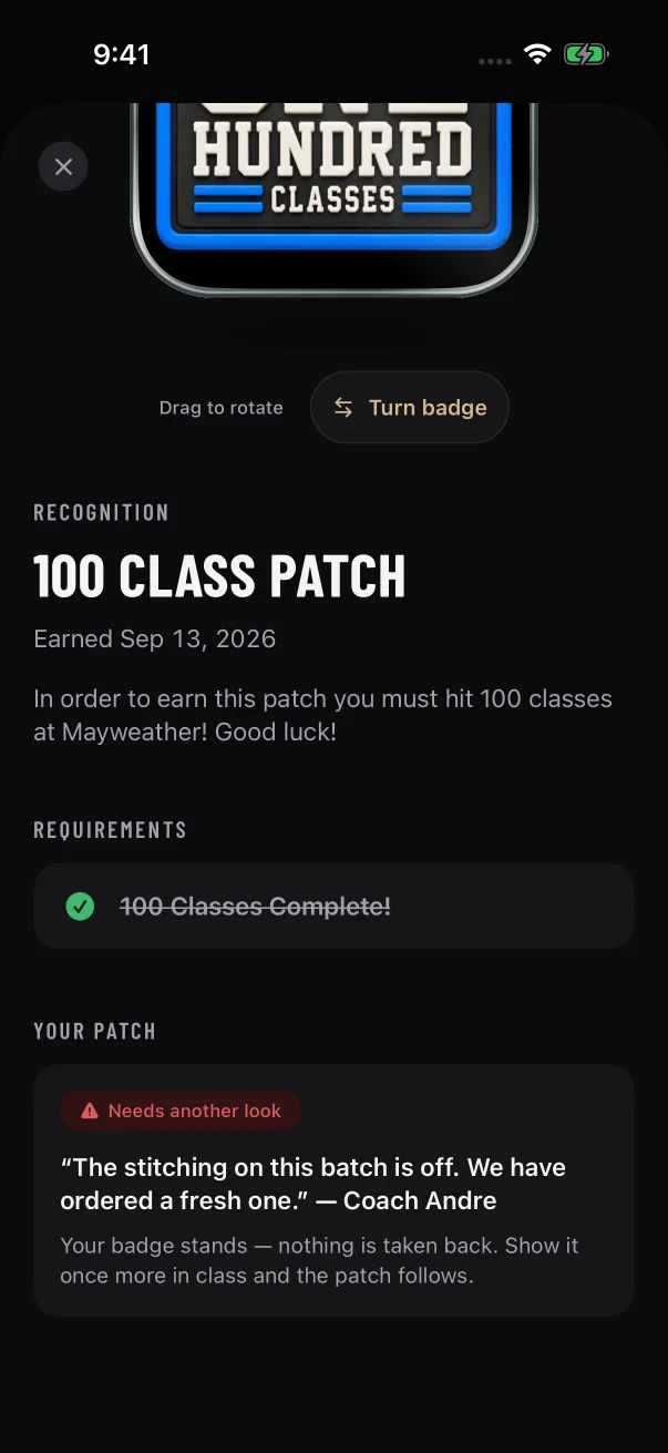 The member sees your words under Needs another look, with a line that says their badge stands.