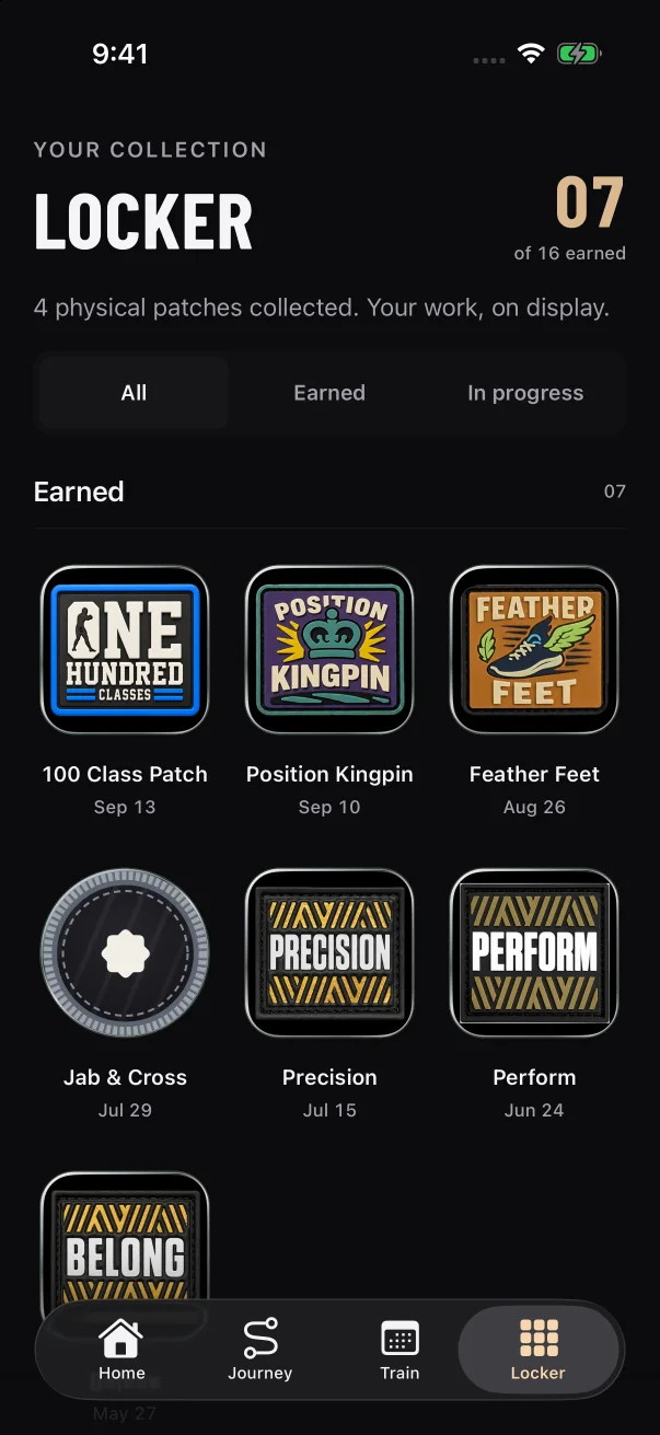 The count at the top right shows badges earned, and the line under the title counts physical patches the member has confirmed.